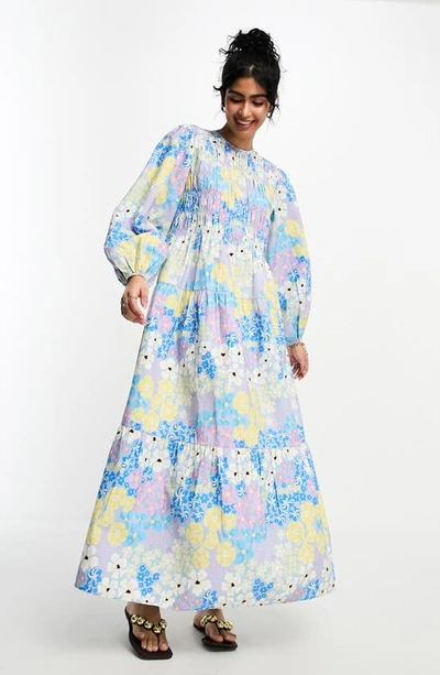 Asos Design Floral Long Sleeve Shirred Bodice Cotton Maxi Dress In Blue Multi