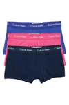Calvin Klein 3-pack Stretch Cotton Low Rise Trunks In Rosy/ Submerge/ Cerulean
