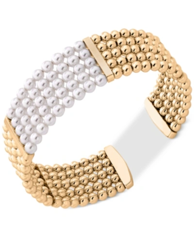 Majorica Gold-tone Bead & Imitation Pearl Bangle Bracelet