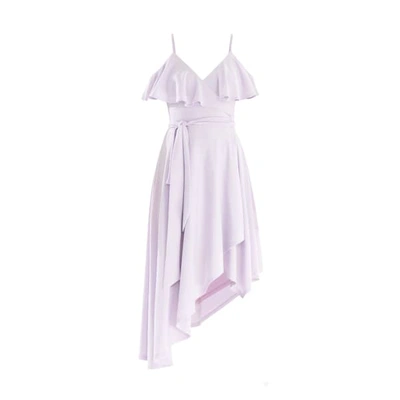 Paisie Cold Shoulder Wrap Front Dress With Frills & Asymmetric Hem In Lilac