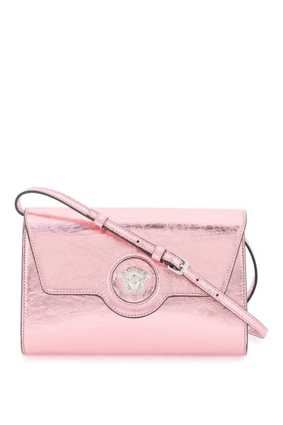 Versace Metallic Leather 'la Medusa' Crossbody Bag In Baby Pink New Palladium (pink)