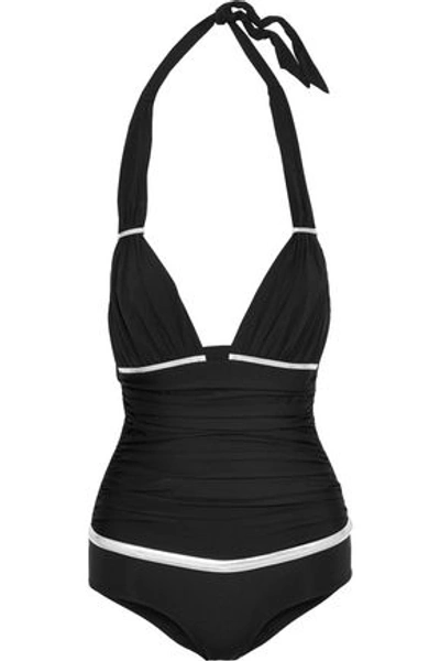 La Perla Woman Faux Leather-trimmed Ruched Halterneck Swimsuit Black