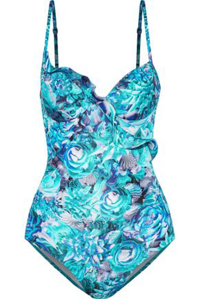 La Perla Woman Open-back Ruffle-trimmed Floral-print Underwired Swimsuit Turquoise