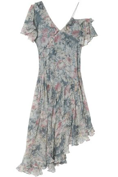 Zimmermann Cavalier Asymmetric Floral-print Silk-georgette Dress In Grey Green