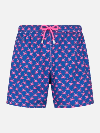 Mc2 Saint Barth Man Light Fabric Comfort Swim Shorts With Crabs Print In Blue