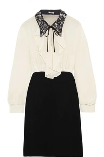 Miu Miu Embellished Ruffled Silk And Cady Mini Dress In Black