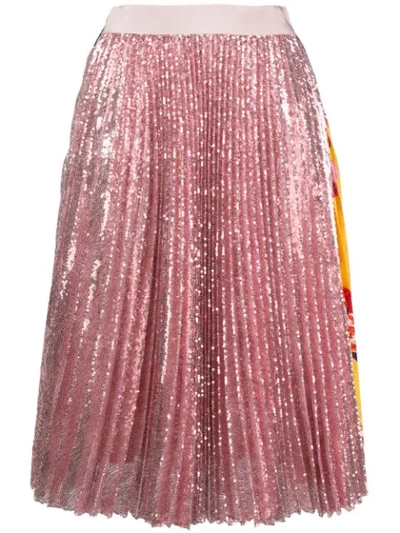 Msgm Sequins Pleated Midi Skirt With Printed Insert In Pink