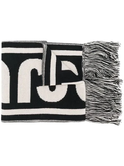 Just Cavalli Fringed Intarsia Scarf In Black