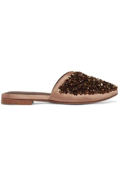 Zyne Moon Embellished Satin Slippers In Gold