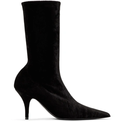 Balenciaga Point Toe Velvet Sock Ankle Boots In Black