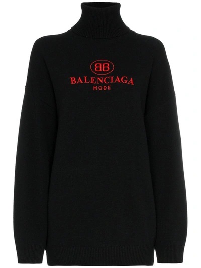 Balenciaga 黑色羊毛羊绒徽标高领衫 In Black