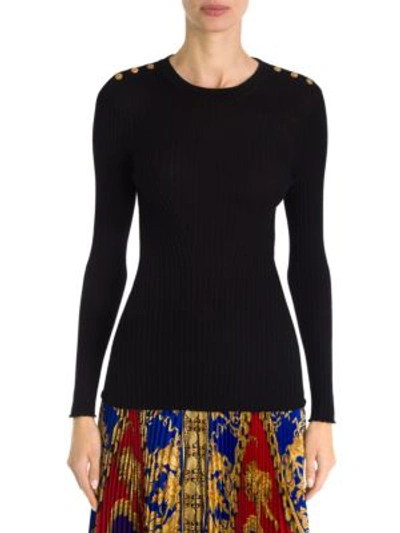 Versace Crewneck Long-sleeve Ribbed-knit Top W/ Button Detail In Black