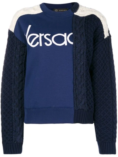 Versace Paneled Cable-knit Wool And Cotton-jersey Sweater In Navy Blue