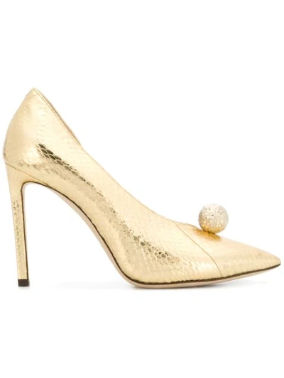 Jimmy Choo Sadira 100 Gold Metallic Elaphe Pointy Toe Pumps With Diamond Cut Pearl