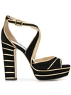 Jimmy Choo April 120 Black Suede Platform Sandals With Gold Metallic Nappa Leather Piping