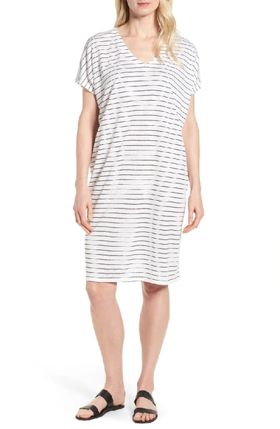 Eileen Fisher Short-sleeve Thin-striped Linen Dress In White/ Black