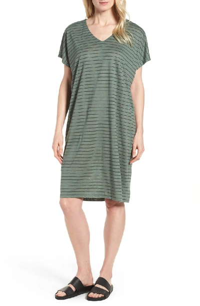 Eileen Fisher Short-sleeve Thin-striped Linen Dress In Nori