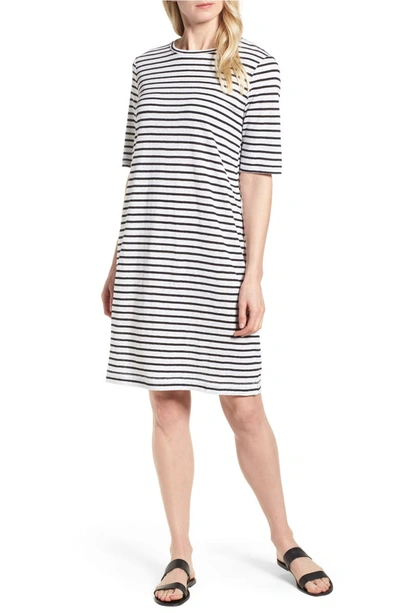 Eileen Fisher Seaside Striped Half-sleeve Organic Linen Dress, Petite In White/ Black