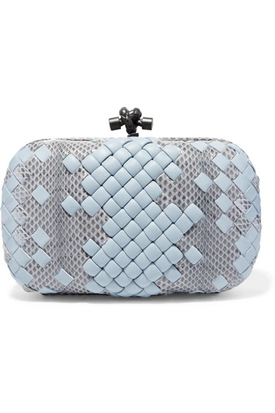 Bottega Veneta The Knot Watersnake And Leather Clutch In Light Blue