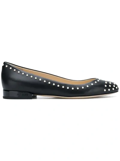 Jimmy Choo Jessie Flat Black Leather Round Toe Pumps With Pearl Detailing