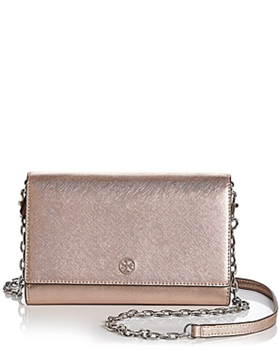Tory Burch Robinson Leather Chain Wallet In Light Rose Gold/silver