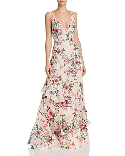 Fame And Partners Delany Floral-print Ruffled Gown In Pink Floral