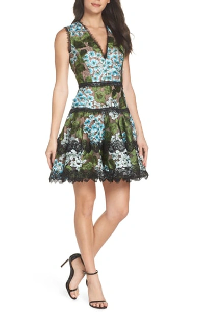 Bronx And Banco Blue Cherry Hydrangea Embroidered Fit & Flare Dress In Multicolor