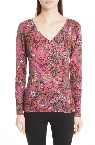 Etro V-neck Long-sleeve Paisley-print Silk-cashmere Sweater In Pink Multi