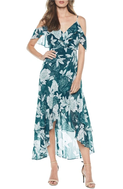 Bardot V-neck Sleeveless Floral-print Garden-party Dress W/ High-low Hem In Green