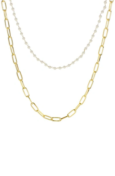 Panacea Imitation Pearl & Paper Clip Chain Layered Necklace In White/ Yellow Gold
