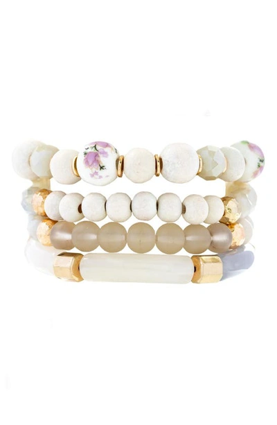 Saachi Set Of Four Wood Beaded Bracelets In White