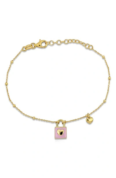 Delmar Pink Enamel Lock & Heart Charm Bracelet In Gold