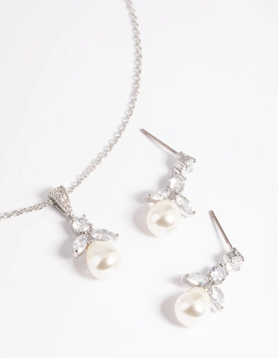 Lovisa Rhodium Diamond Simulant Flower Pearl Necklace And Earrings Set In Silver
