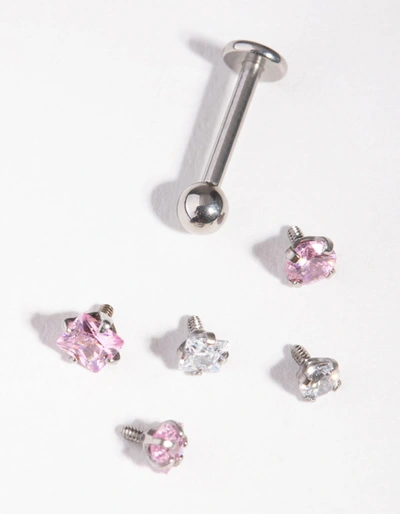 Lovisa Rhodium Cubic Zirconia Star 6-pack Flat Back In Pink