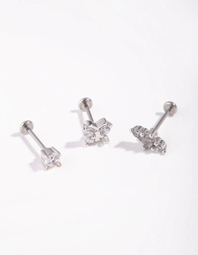 Lovisa Surgical Steel Rhodium Fine Butterfly 3-pack Flat Back In Silver