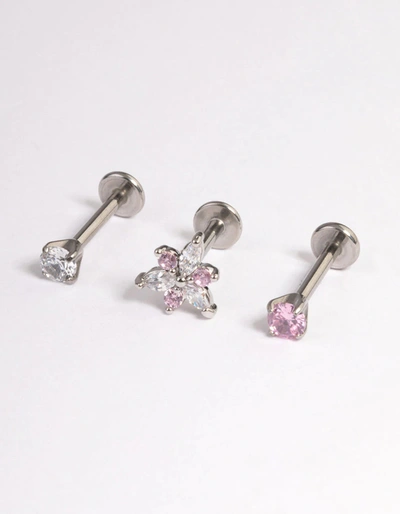 Lovisa Surgical Steel Cubic Zirconia Marquise Flower Flatback 3-pack In Silver