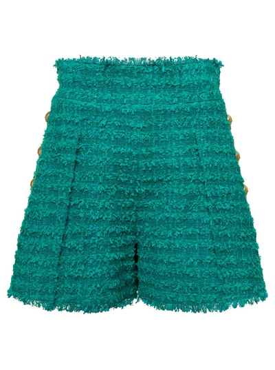Balmain Green Shorts High Waist With Pinces And Fringed Hem In Tweed Woman