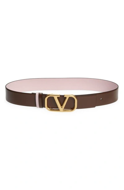 Valentino Garavani Vlogo Buckle Reversible Leather Belt In Cacao/ Water Lilac