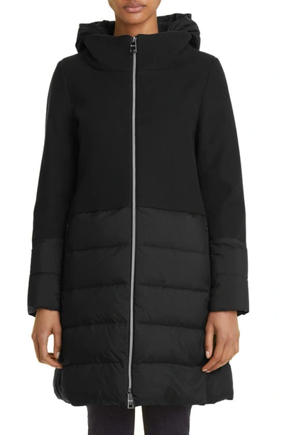Herno Mixed Media Hooded Down Coat In Nero