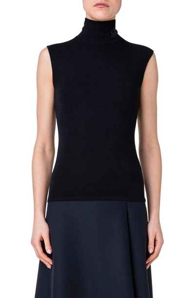 Akris Crystal Trapezoid Detail Sleeveless Cashmere & Silk Turtleneck Sweater In Black
