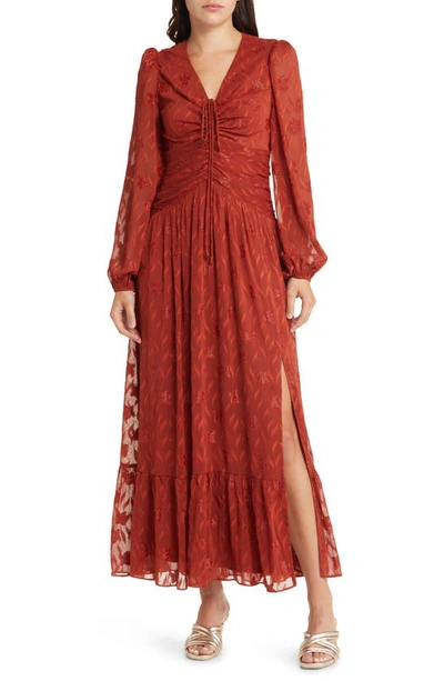 Floret Studios Floral Ruched Long Sleeve Pliss Midi Dress In Rust |  ModeSens