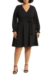 Leota Perfect Long Sleeve Faux Wrap Dress In Solid Black