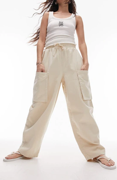 Topshop Oversize Balloon Cotton Cargo Trousers In Beige