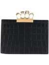 Alexander Mcqueen Four Ring Embellished Croc-effect Leather Clutch In Black