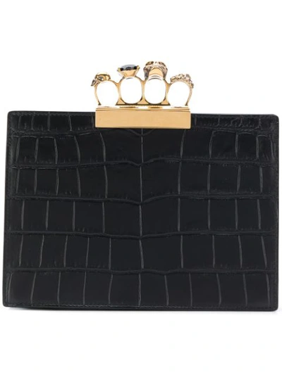 Alexander Mcqueen Four Ring Embellished Croc-effect Leather Clutch In Black