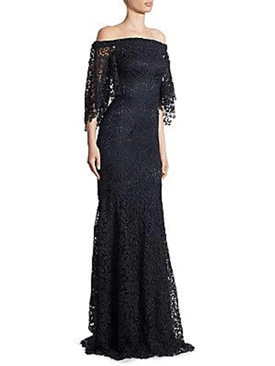Theia Off-the-shoulder Lace Trumpet Gown In Midnight