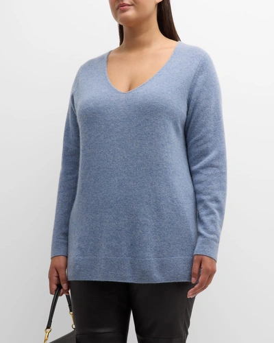 Neiman Marcus Plus Size Cashmere V-neck Jumper In Denim