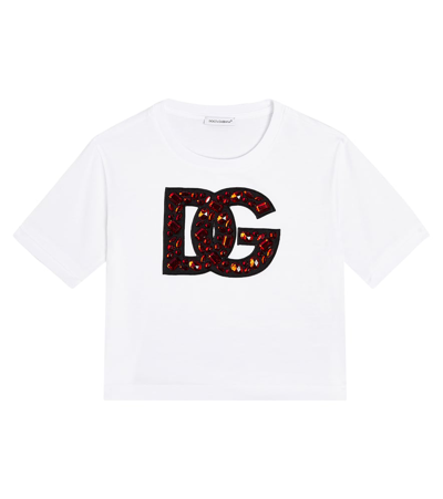 Dolce & Gabbana Kids' Girl's Rhinestone Embellished Interlocked Logo-print T-shirt In White