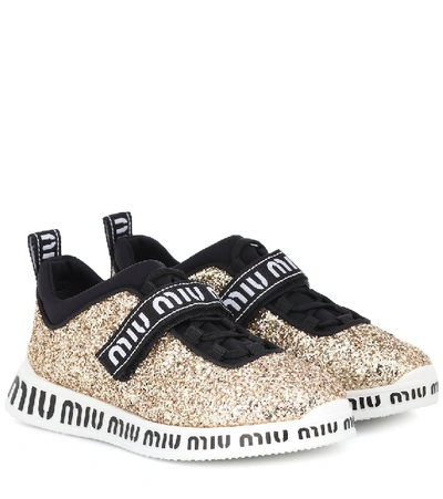 Miu Miu Glitter-embellished Neoprene Trainers In Pirite