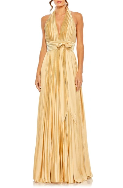 Mac Duggal Pleated Halter Neck Satin Gown In Gold